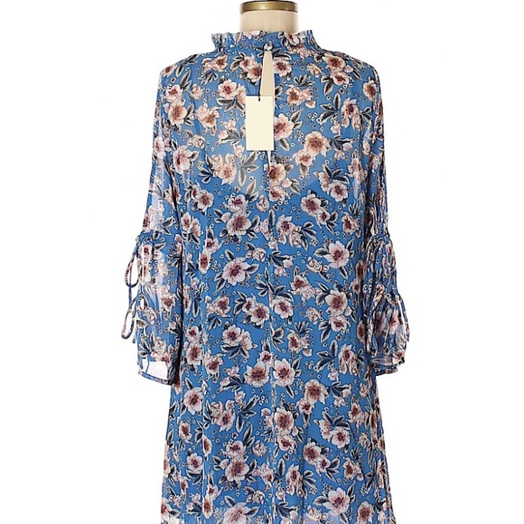 Crescent Blue Lily Floral Chiffon Tie Sleeve Dress - Picture 6 of 7